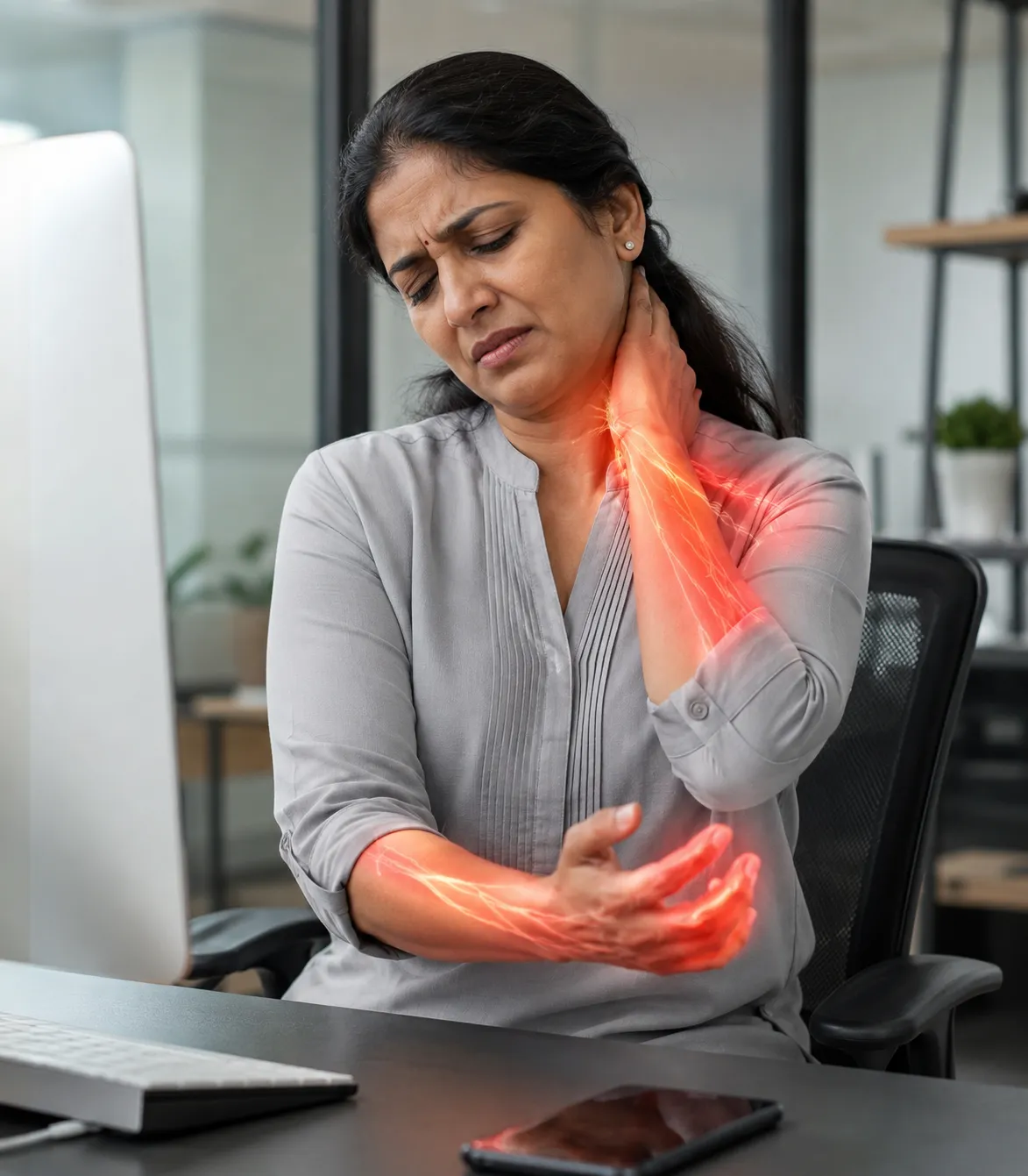 Pain from neck into shoulders, arms, or hands