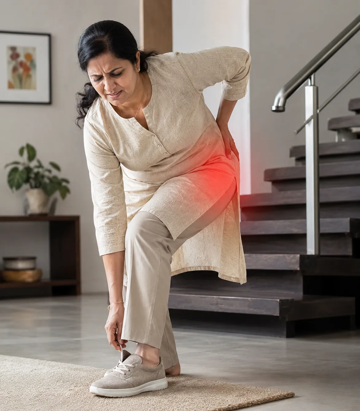Severe stiffness making it difficult to put on shoes or climb stairs