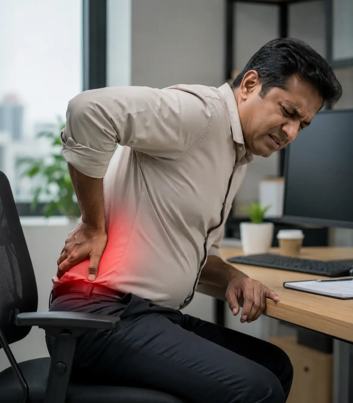 Worsening pain when sitting or bending forward