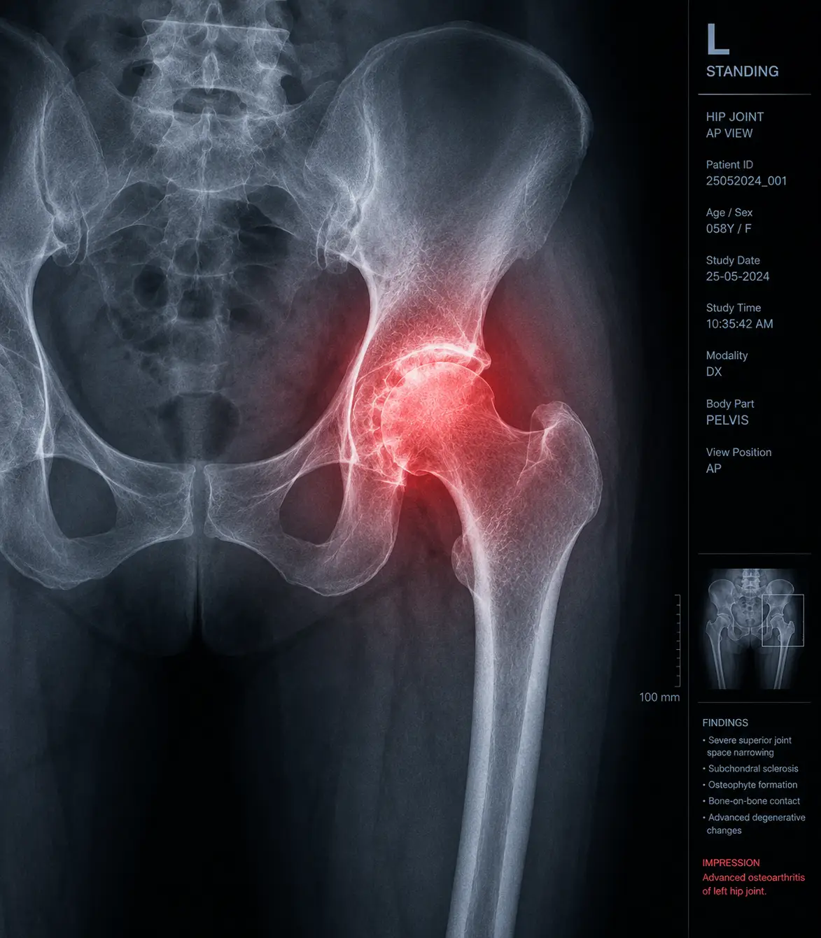 X-ray showing severe cartilage loss or bone-on-bone contact